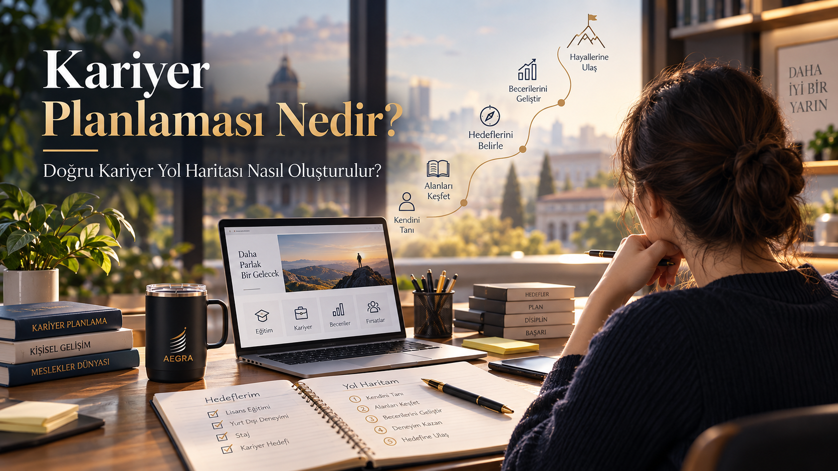Kariyer planlaması nedir: bir öğrenci masasında yol haritası hazırlıyor. Adımlar kendini tanı, alanları keşfet, hedeflerini belirle, becerilerini geliştir ve hayallerine ulaş.